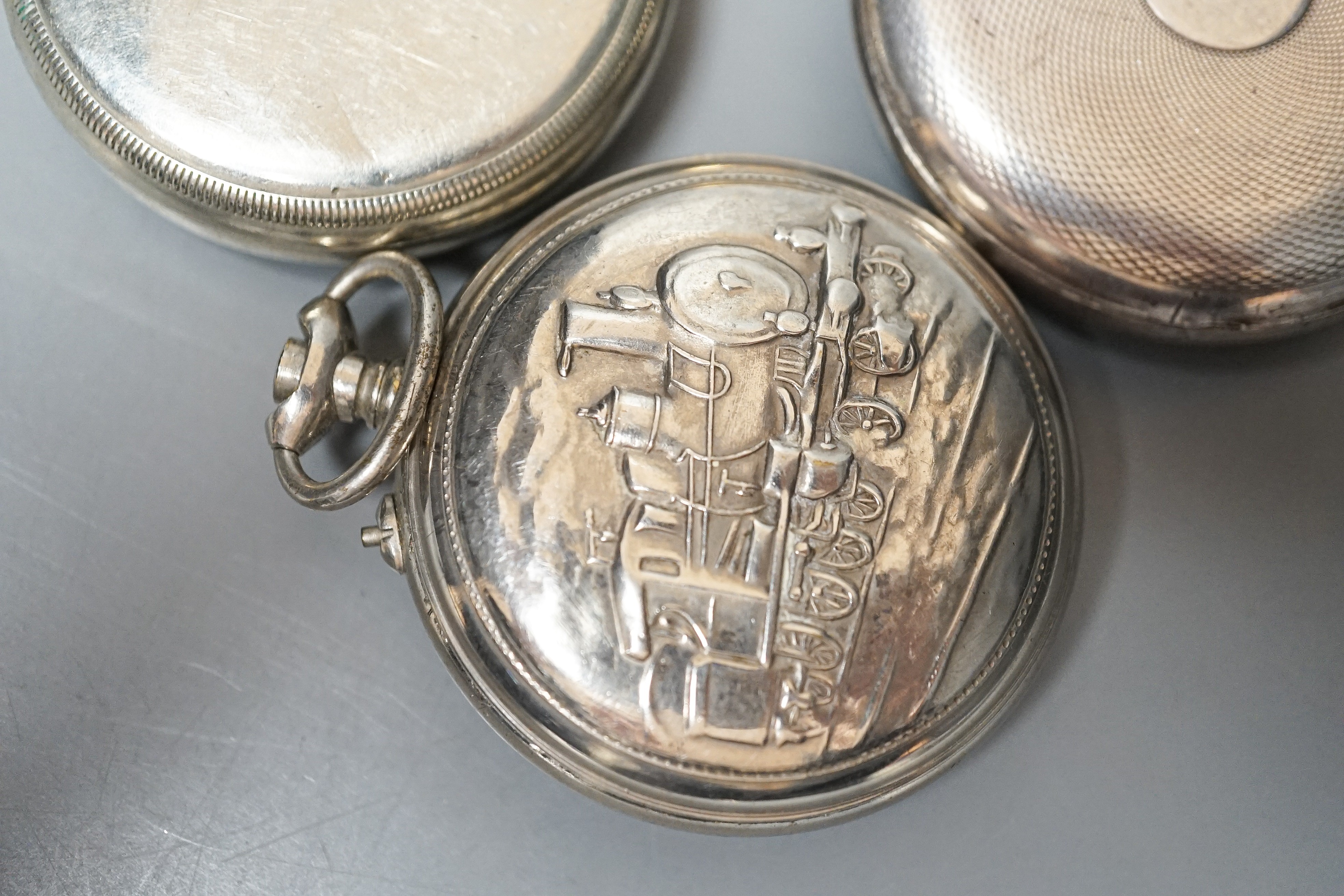 A collection of assorted pocket watches, including 1940's military, an 18k fob watch (gross 40.2grams), gold plated and engine turned Swiss 935 white metal.